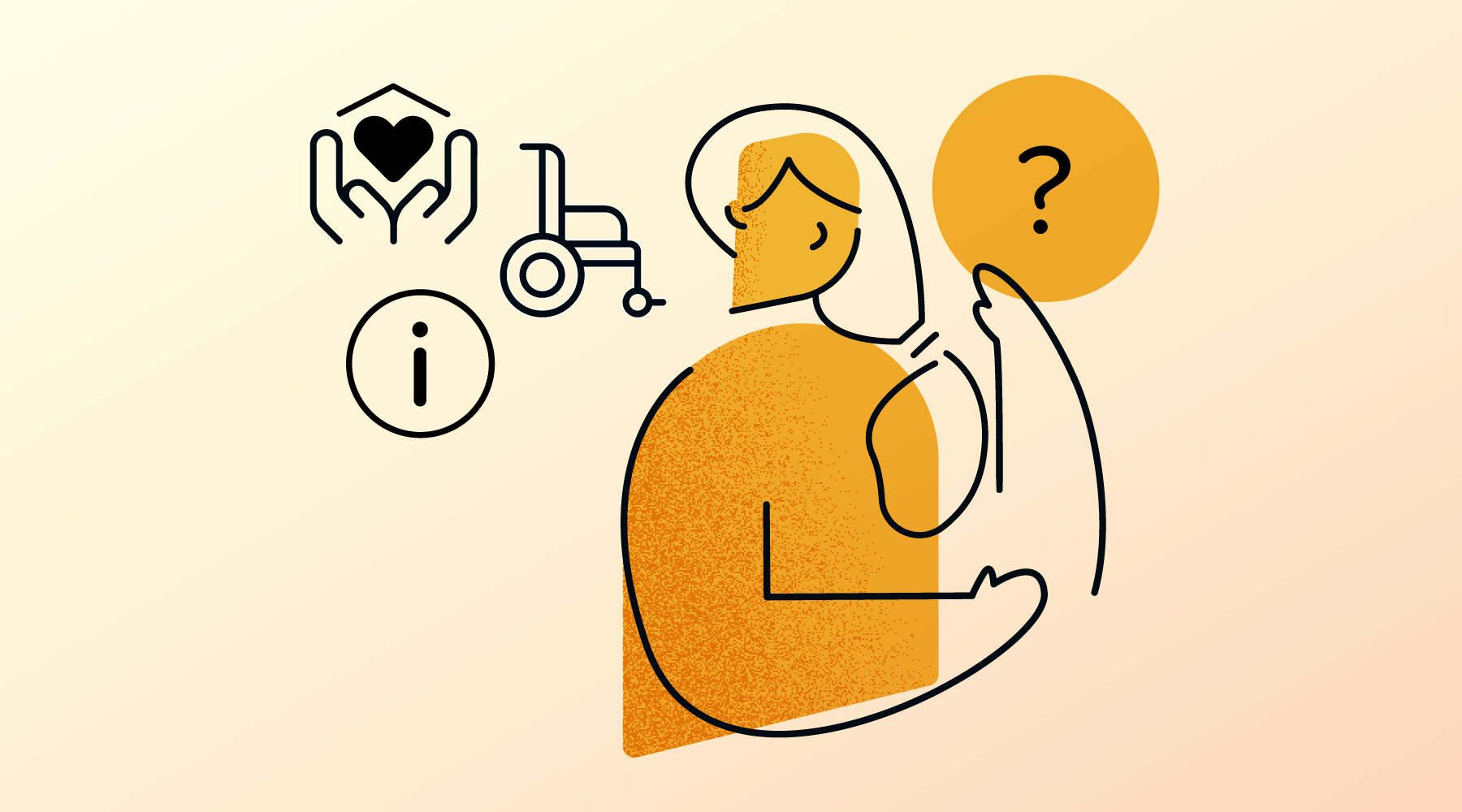 A person wondering if they need to get in the home care support. An icon of a question mark is in front of them and behind them are icons of an information icon, a wheelchair, and hands holding a heart with a small roof line above the heart.