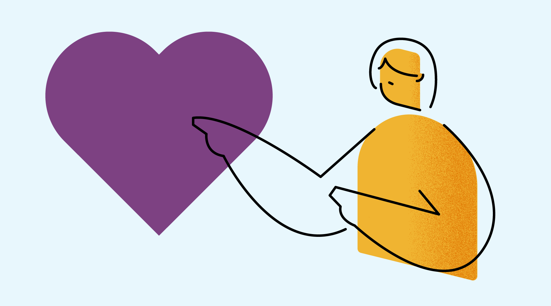 A person pointing at a large purple heart.